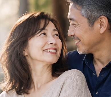 笑顔で向き合う大人の男女のイメージ。実際の会員ではありません。